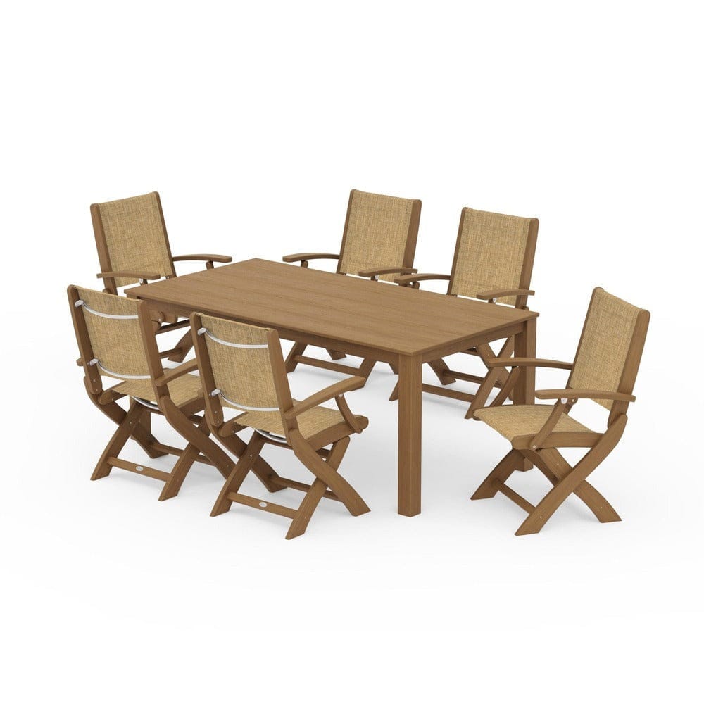 POLYWOOD® Outdoor Furniture Natural / Burlap Sling POLYWOOD® - Coastal Folding Chair 7-Piece Parsons Dining Set - PWS2271