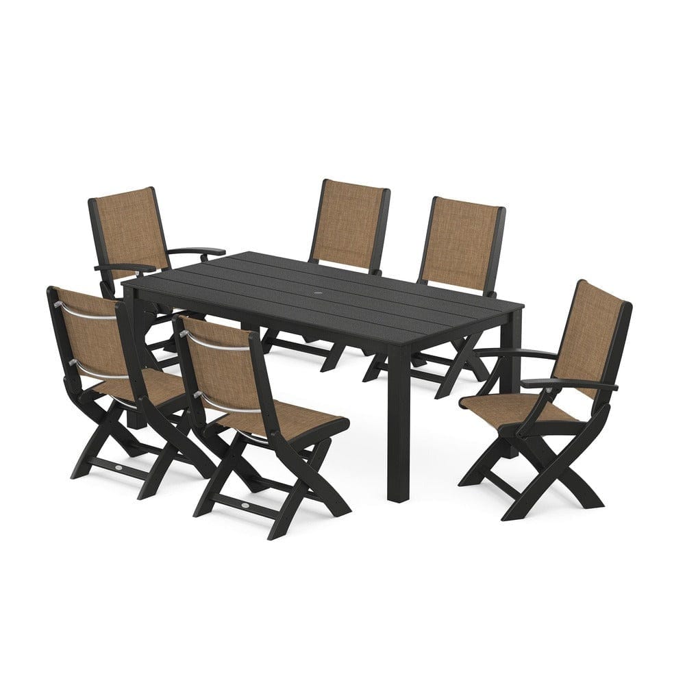POLYWOOD® Outdoor Furniture Black / Burlap Sling POLYWOOD® - Coastal Folding Chair 7-Piece Parsons Dining Set - PWS2270