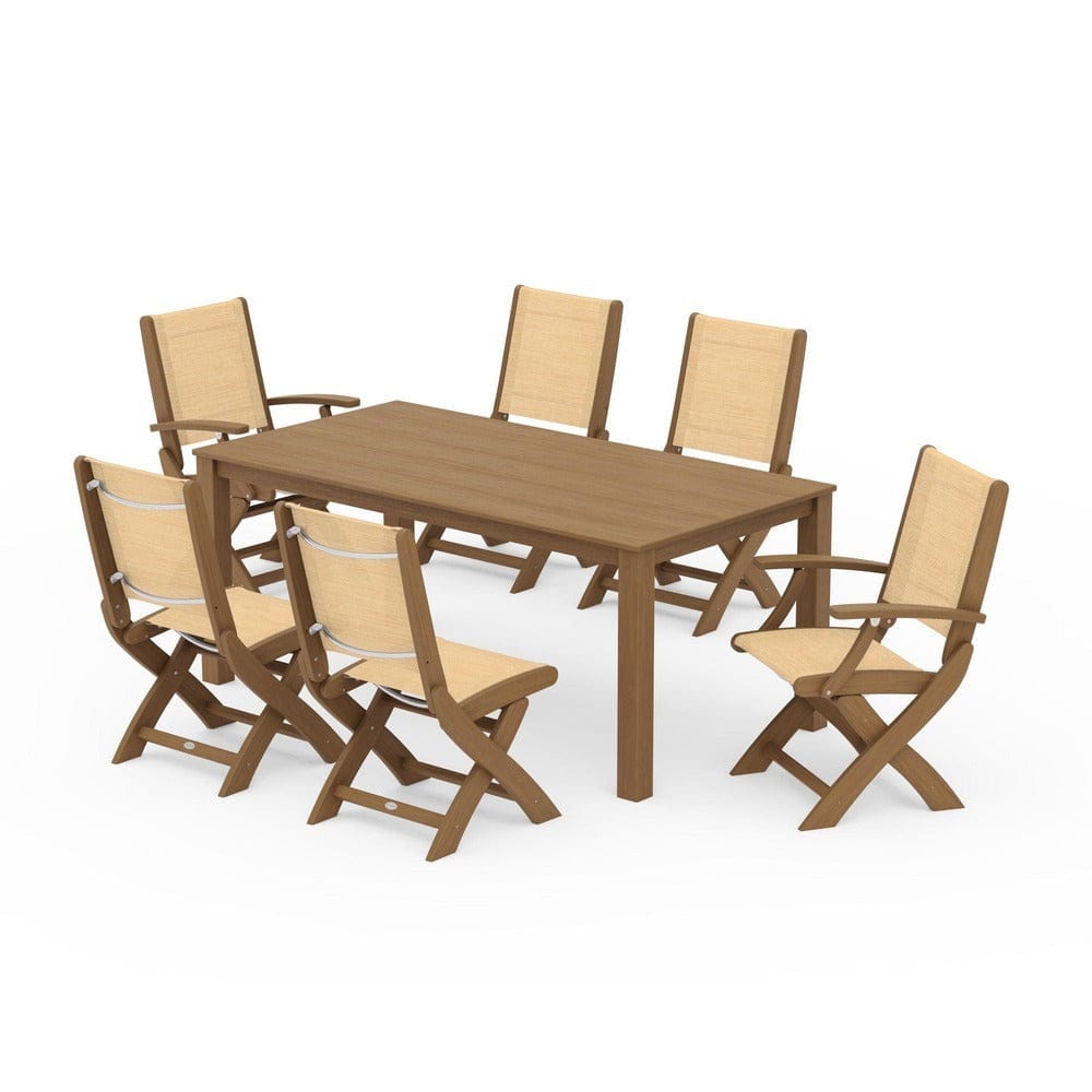 POLYWOOD® Outdoor Furniture Natural / Dupioni Apricot Sling POLYWOOD® - Coastal Folding Chair 7-Piece Parsons Dining Set - PWS2270