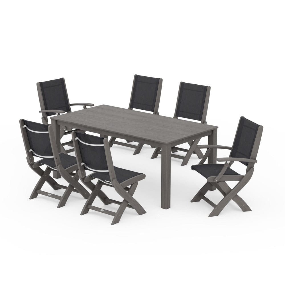 POLYWOOD® Outdoor Furniture Driftwood / Black Sling POLYWOOD® - Coastal Folding Chair 7-Piece Parsons Dining Set - PWS2270