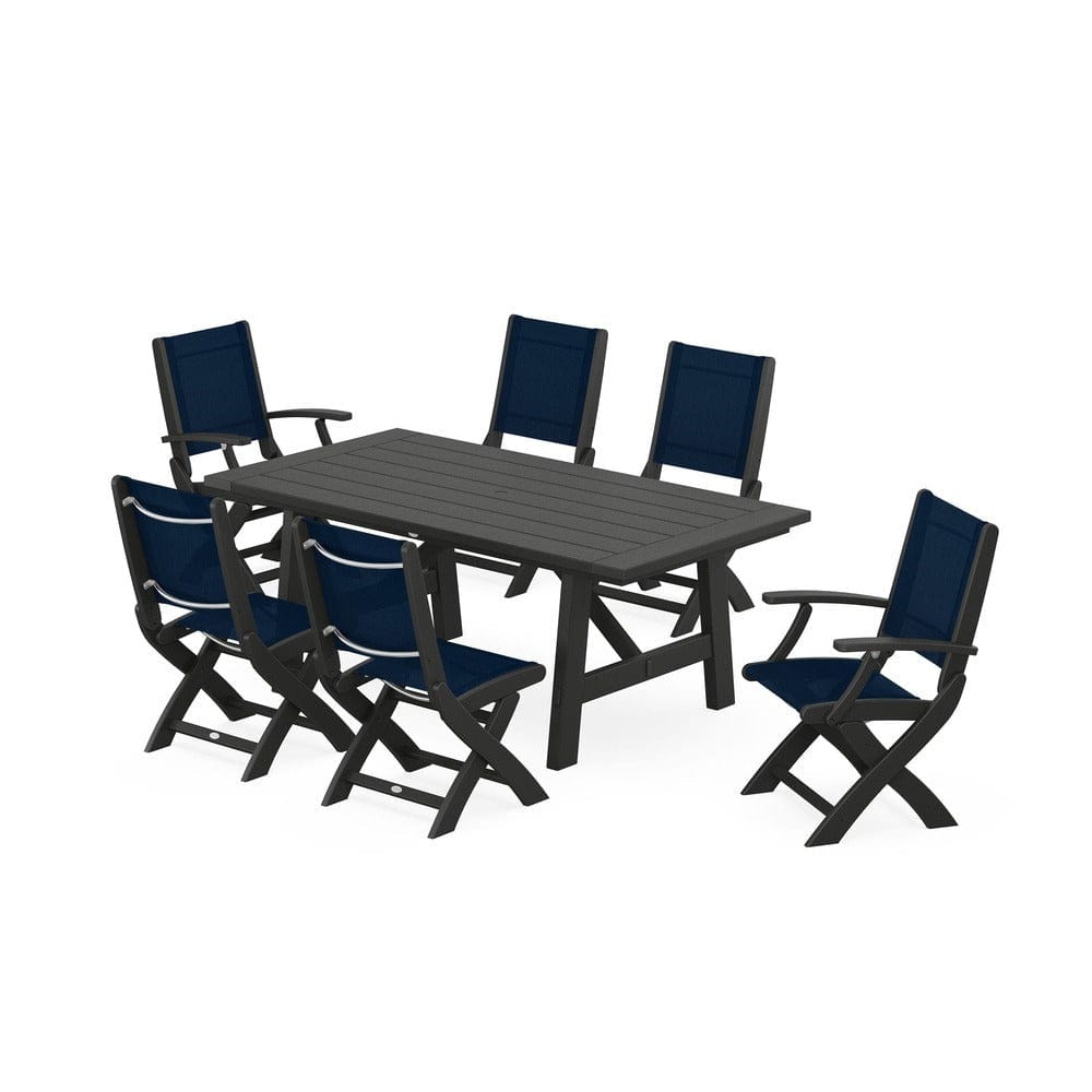 POLYWOOD® Outdoor Furniture Black / Navy Blue Sling POLYWOOD® - Coastal Folding Chair 7-Piece Rustic Farmhouse Dining Set - PWS1078