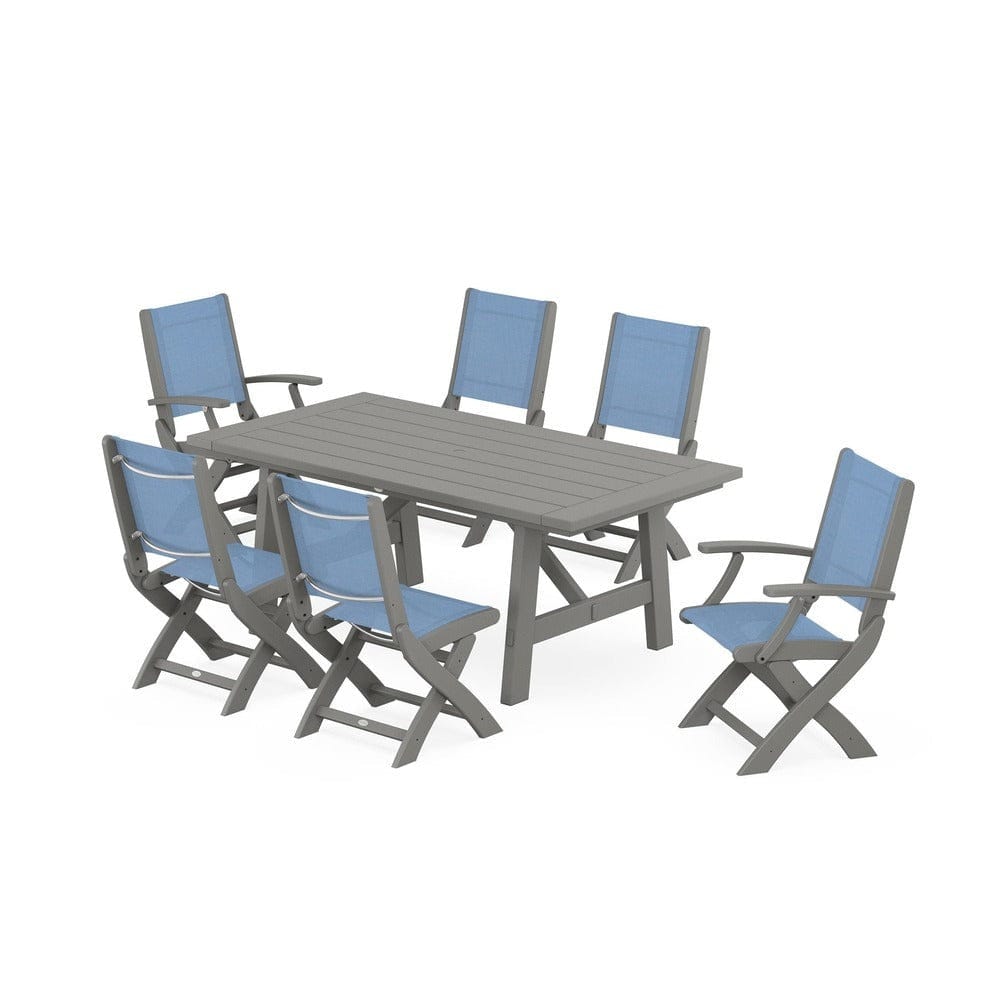 POLYWOOD® Outdoor Furniture Slate Grey / Poolside Sling POLYWOOD® - Coastal Folding Chair 7-Piece Rustic Farmhouse Dining Set - PWS1078