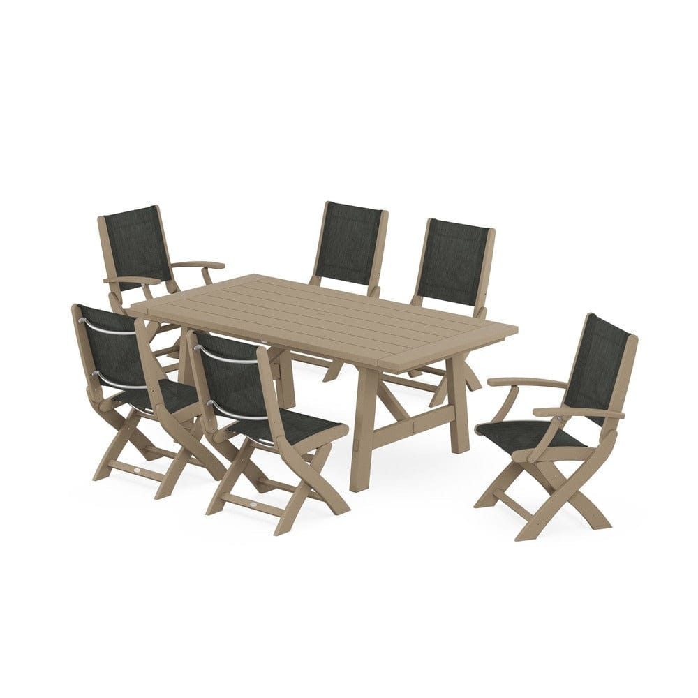 POLYWOOD® Outdoor Furniture POLYWOOD® - Coastal Folding Chair 7-Piece Rustic Farmhouse Dining Set - PWS1078