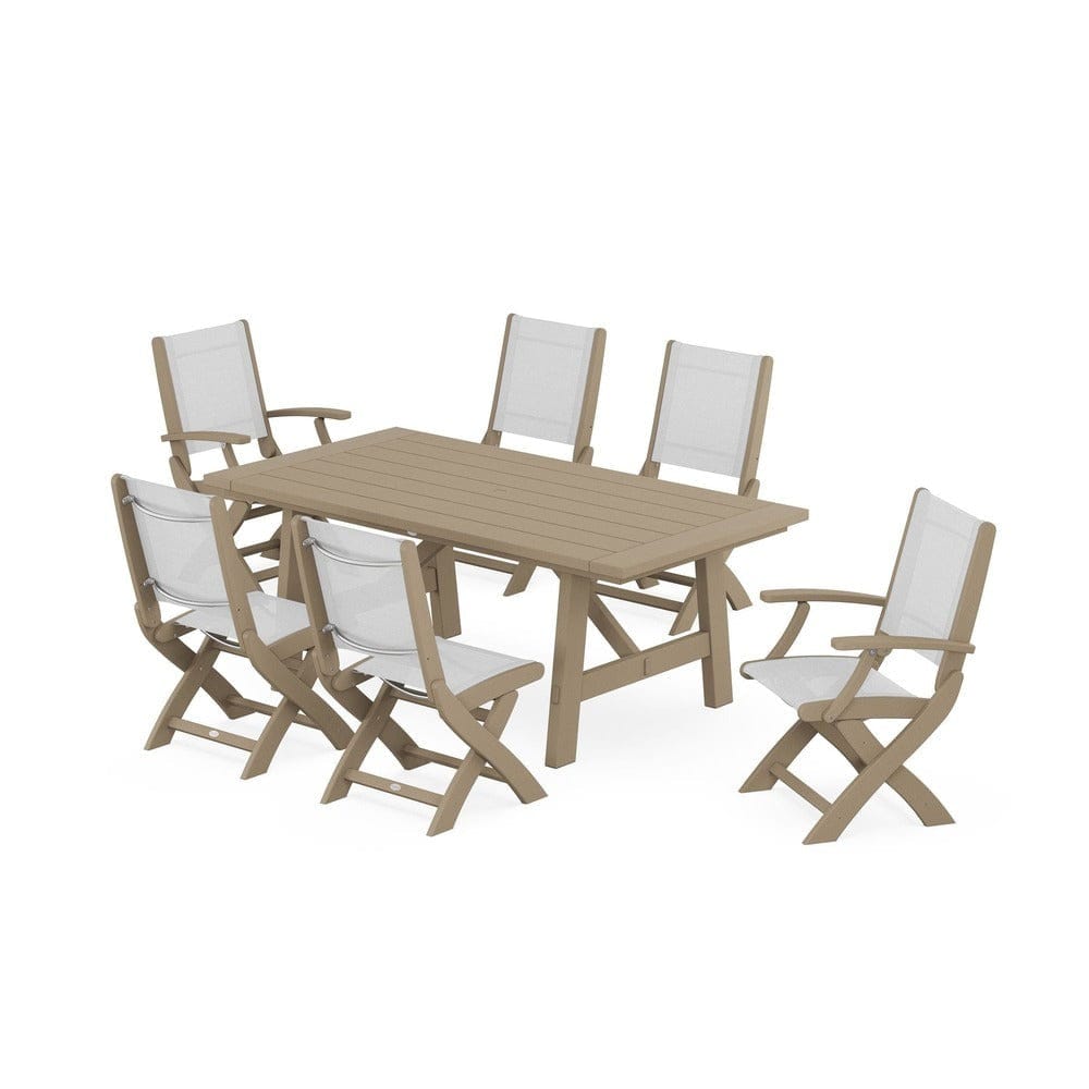 POLYWOOD® Outdoor Furniture Vintage Sahara / White Sling POLYWOOD® - Coastal Folding Chair 7-Piece Rustic Farmhouse Dining Set - PWS1078