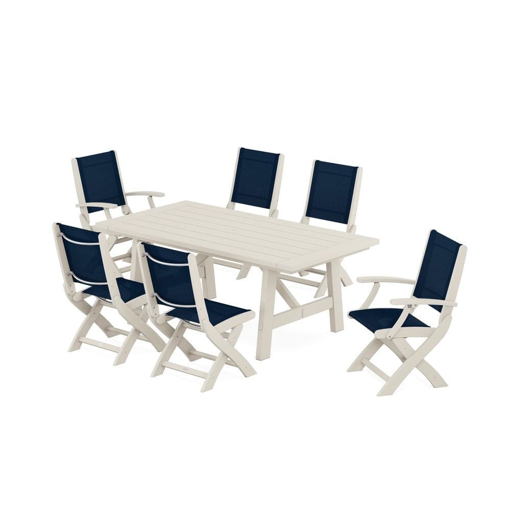 POLYWOOD® Outdoor Furniture Sand / Navy Blue Sling POLYWOOD® - Coastal Folding Chair 7-Piece Rustic Farmhouse Dining Set - PWS1078