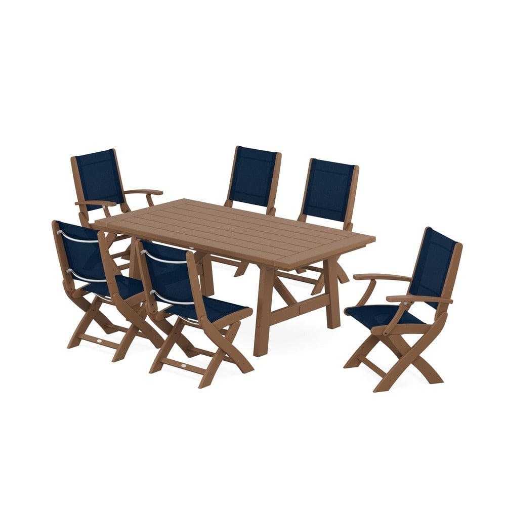 POLYWOOD® Outdoor Furniture Teak / Navy Blue Sling POLYWOOD® - Coastal Folding Chair 7-Piece Rustic Farmhouse Dining Set - PWS1078