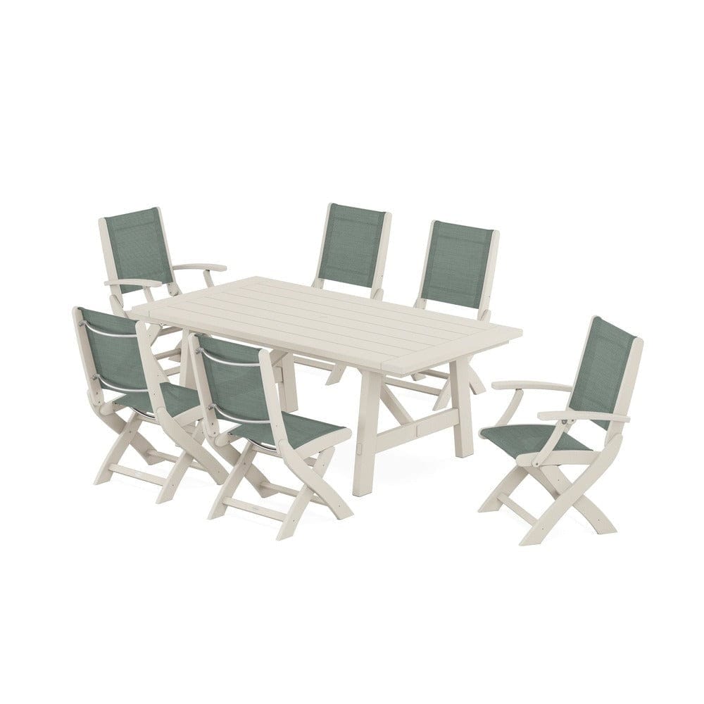 POLYWOOD® Outdoor Furniture Sand / Dupioni Sea Mist Sling POLYWOOD® - Coastal Folding Chair 7-Piece Rustic Farmhouse Dining Set - PWS1078