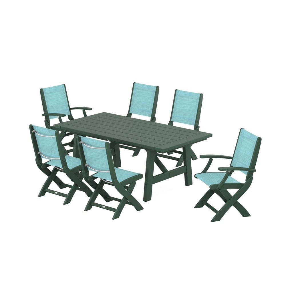 POLYWOOD® Outdoor Furniture Green / Dupioni Aquamarine Sling POLYWOOD® - Coastal Folding Chair 7-Piece Rustic Farmhouse Dining Set - PWS1078