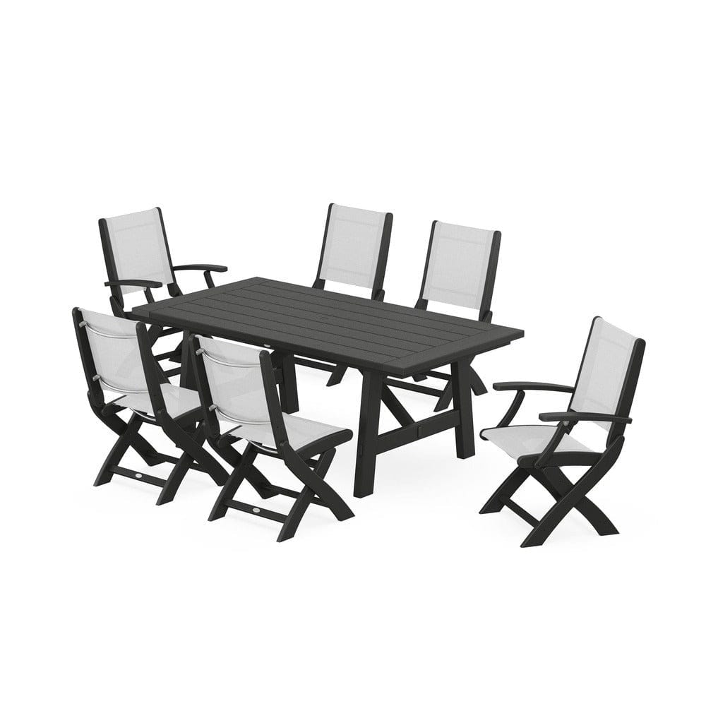 POLYWOOD® Outdoor Furniture Black / White Sling POLYWOOD® - Coastal Folding Chair 7-Piece Rustic Farmhouse Dining Set - PWS1078