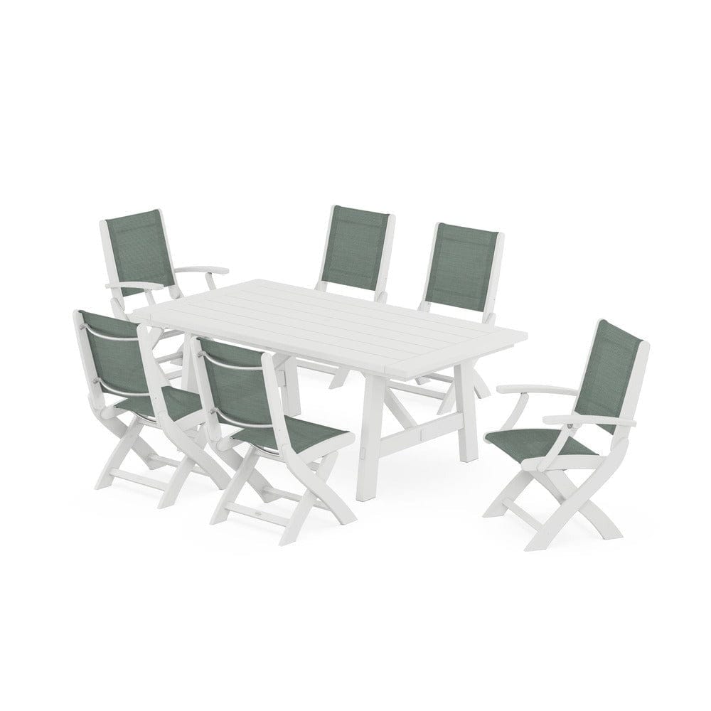 POLYWOOD® Outdoor Furniture White / Dupioni Sea Mist Sling POLYWOOD® - Coastal Folding Chair 7-Piece Rustic Farmhouse Dining Set - PWS1078