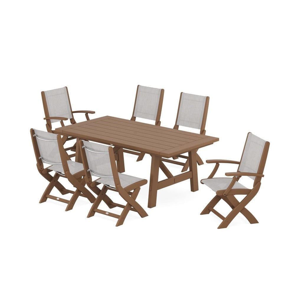 POLYWOOD® Outdoor Furniture Teak / Parchment Sling POLYWOOD® - Coastal Folding Chair 7-Piece Rustic Farmhouse Dining Set - PWS1078