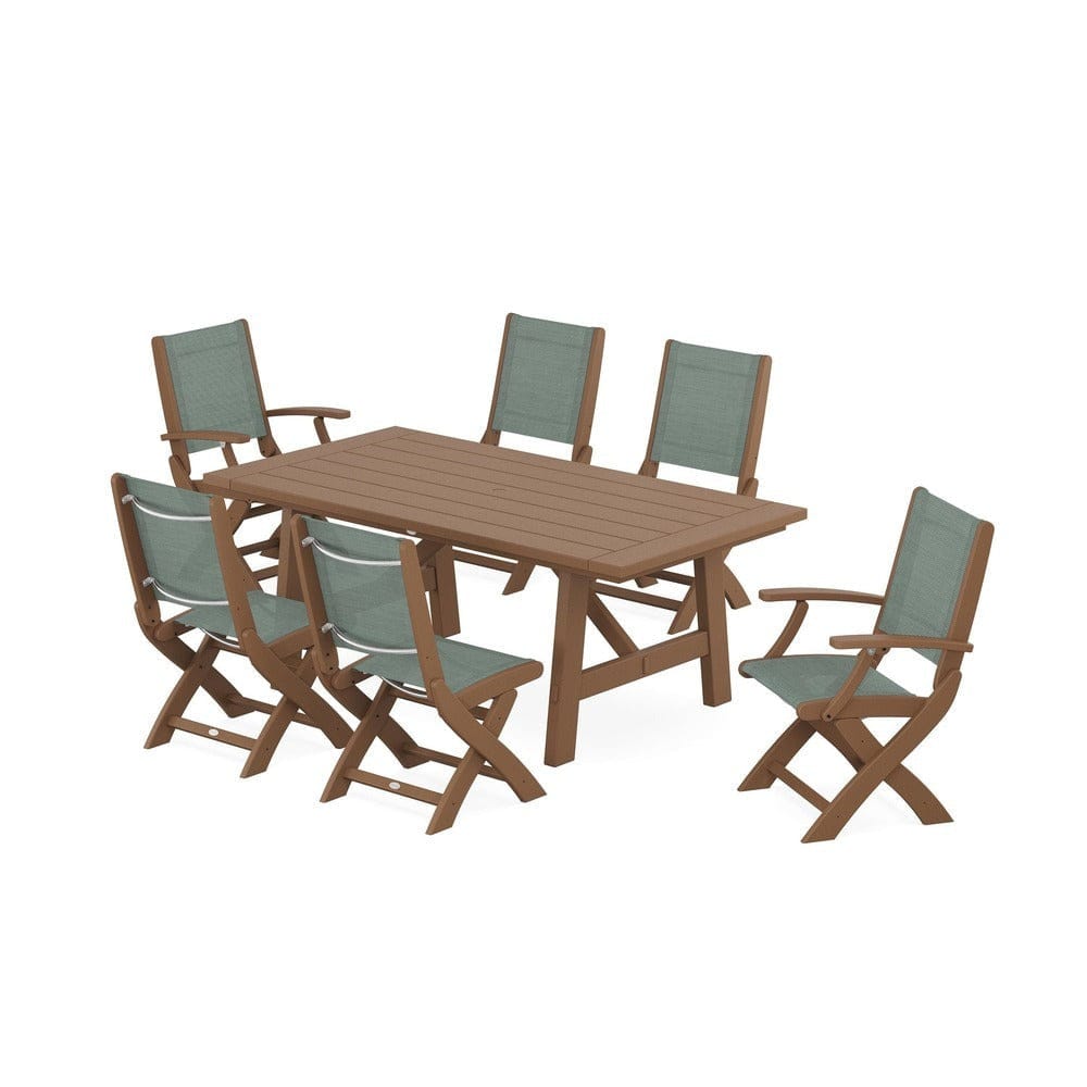 POLYWOOD® Outdoor Furniture Teak / Dupioni Sea Mist Sling POLYWOOD® - Coastal Folding Chair 7-Piece Rustic Farmhouse Dining Set - PWS1078