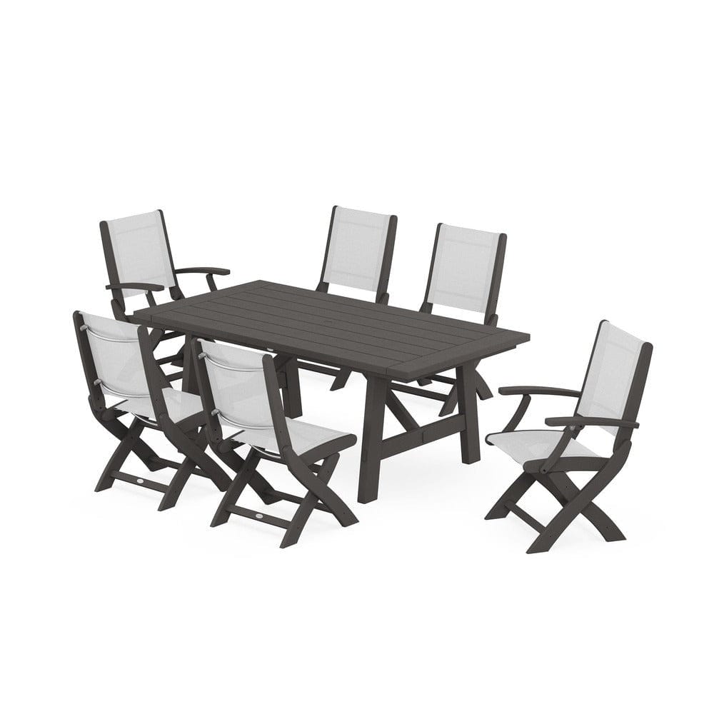 POLYWOOD® Outdoor Furniture Vintage Coffee / White Sling POLYWOOD® - Coastal Folding Chair 7-Piece Rustic Farmhouse Dining Set - PWS1078