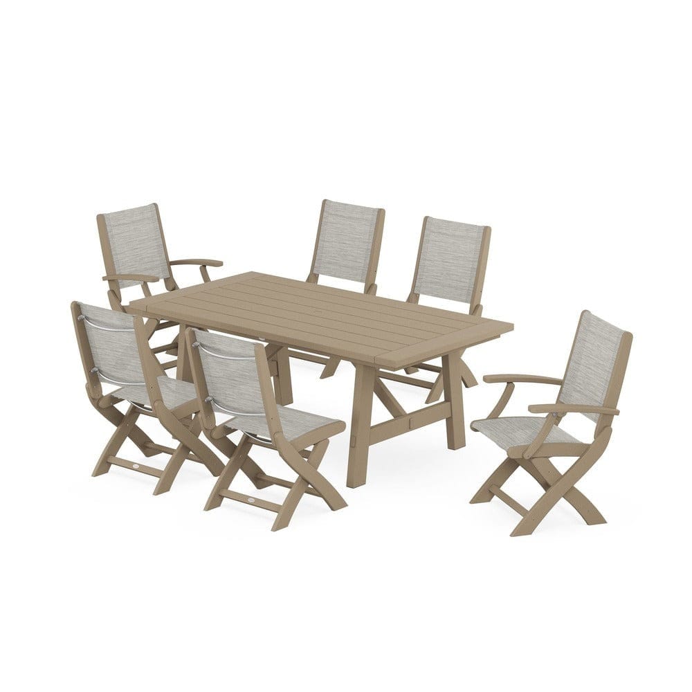 POLYWOOD® Outdoor Furniture Vintage Sahara / Birch Sling POLYWOOD® - Coastal Folding Chair 7-Piece Rustic Farmhouse Dining Set - PWS1078