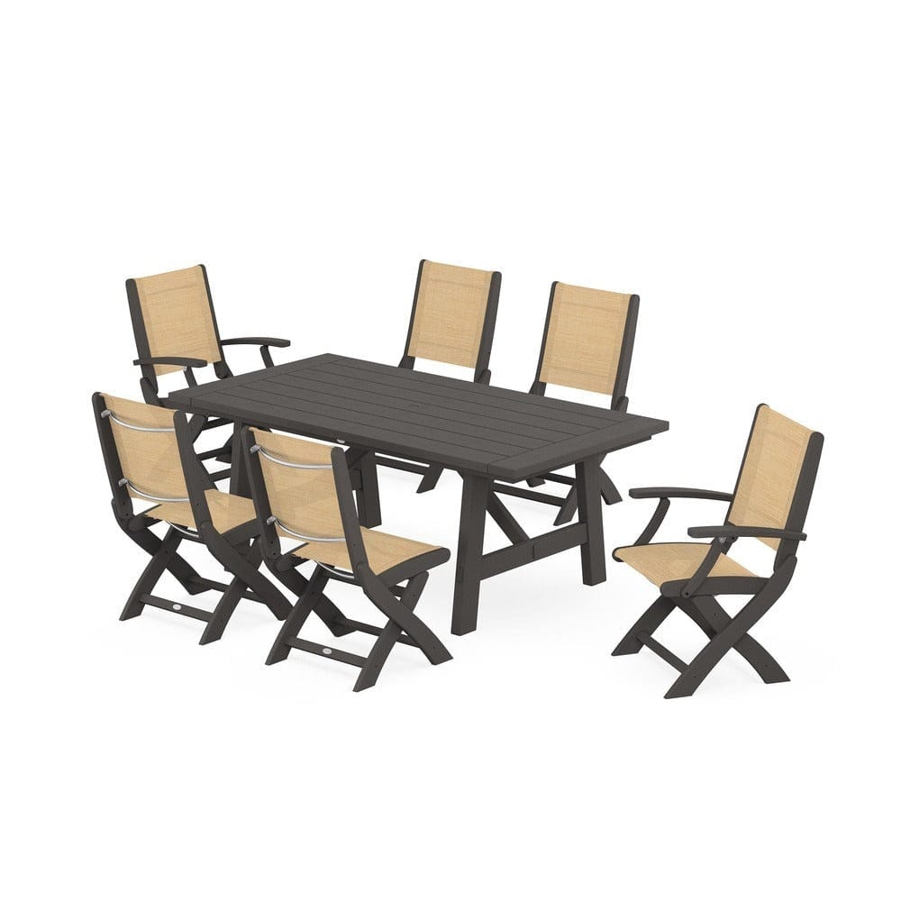 POLYWOOD® Outdoor Furniture Vintage Coffee / Dupioni Apricot Sling POLYWOOD® - Coastal Folding Chair 7-Piece Rustic Farmhouse Dining Set - PWS1078