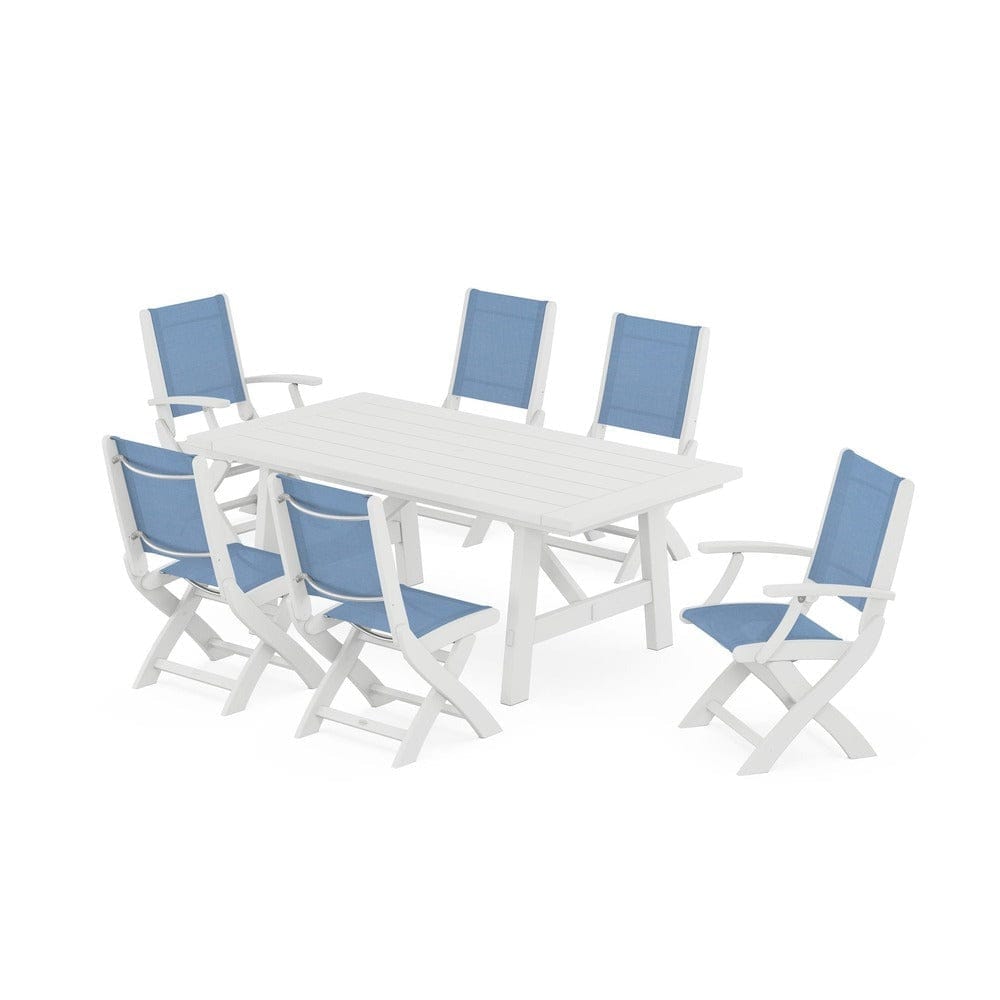 POLYWOOD® Outdoor Furniture White / Poolside Sling POLYWOOD® - Coastal Folding Chair 7-Piece Rustic Farmhouse Dining Set - PWS1078