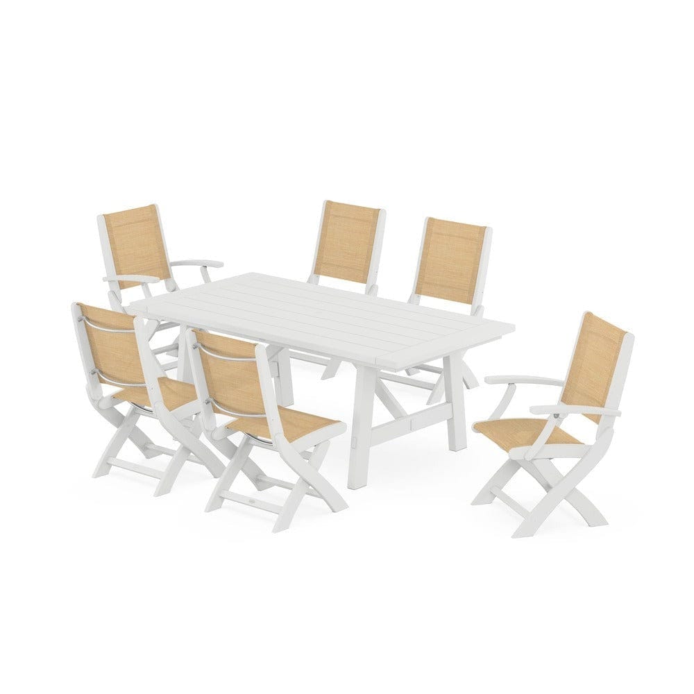 POLYWOOD® Outdoor Furniture White / Dupioni Apricot Sling POLYWOOD® - Coastal Folding Chair 7-Piece Rustic Farmhouse Dining Set - PWS1078