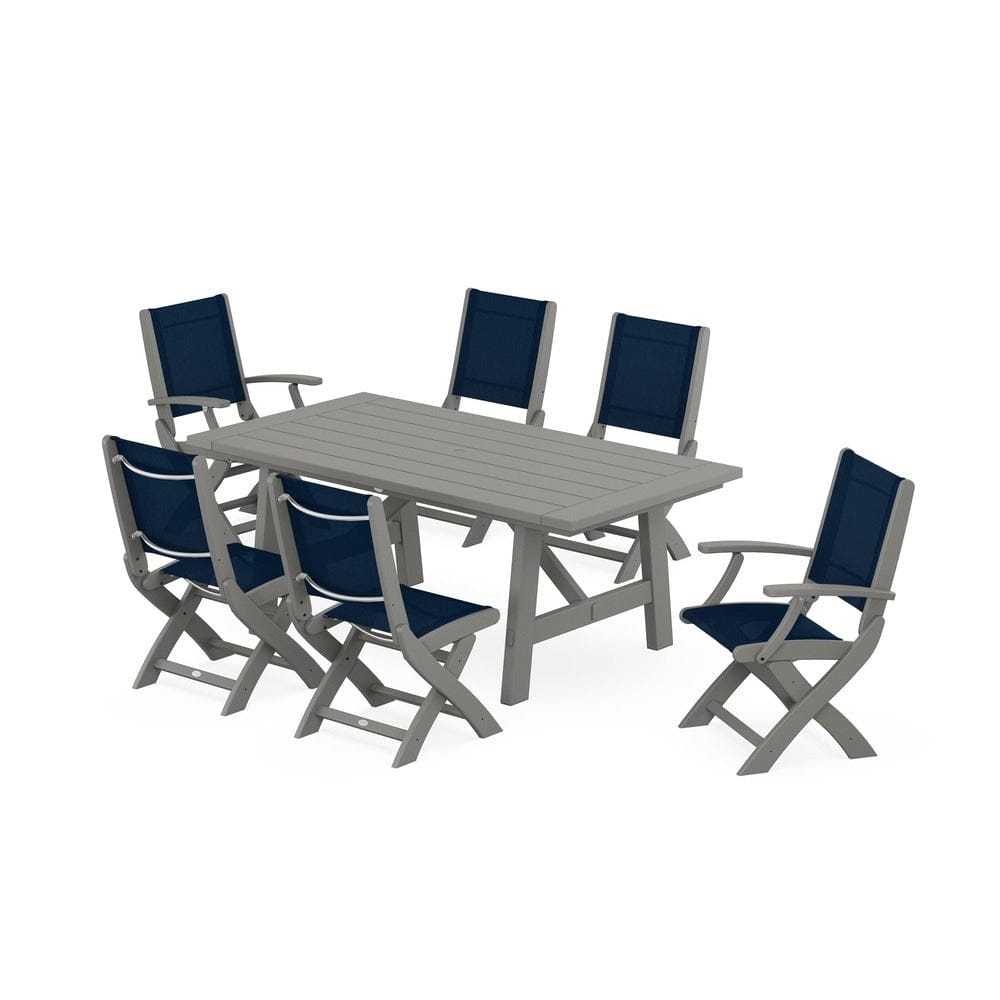 POLYWOOD® Outdoor Furniture Slate Grey / Navy Blue Sling POLYWOOD® - Coastal Folding Chair 7-Piece Rustic Farmhouse Dining Set - PWS1078