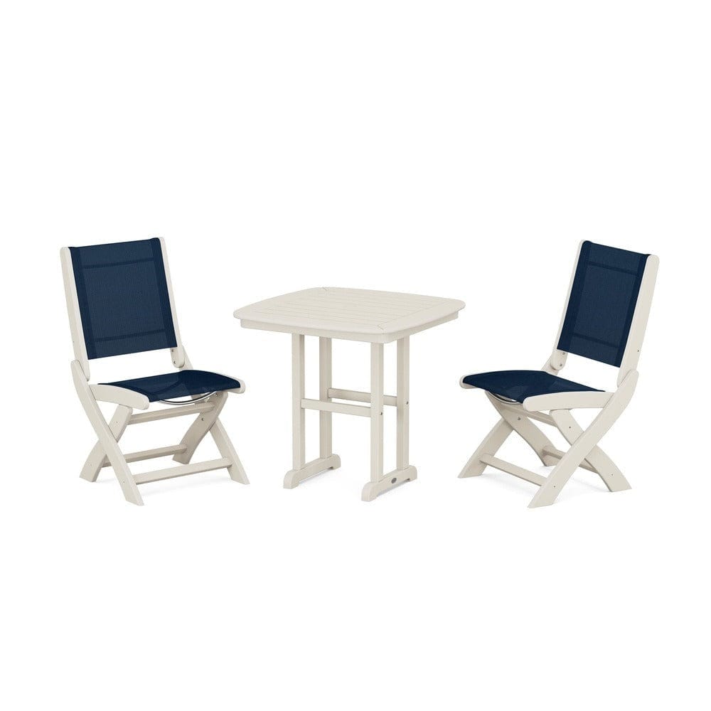 POLYWOOD® Outdoor Furniture Sand / Navy Blue Sling POLYWOOD® - Coastal Folding Side Chair 3-Piece Dining Set - PWS1207