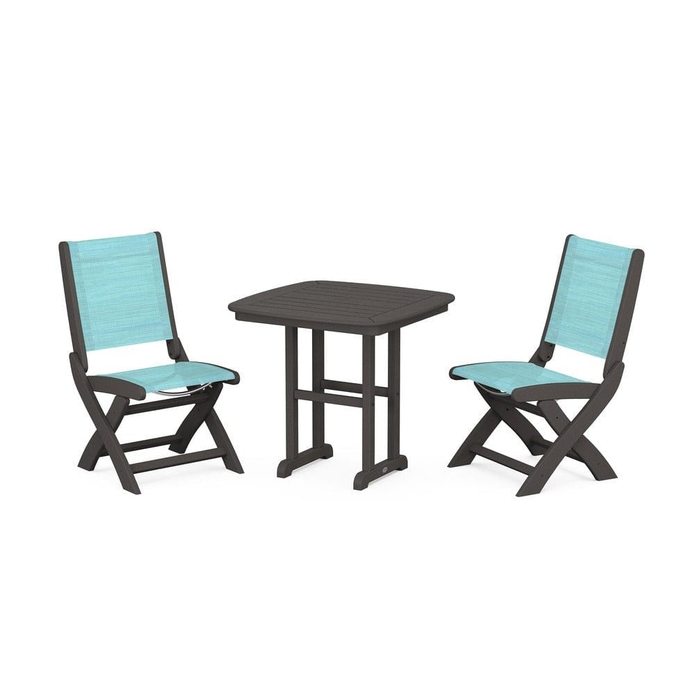 POLYWOOD® Outdoor Furniture Vintage Coffee / Dupioni Aquamarine Sling POLYWOOD® - Coastal Folding Side Chair 3-Piece Dining Set - PWS1207