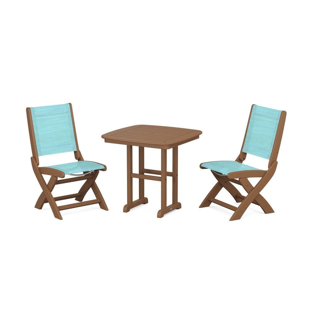 POLYWOOD® Outdoor Furniture Teak / Dupioni Aquamarine Sling POLYWOOD® - Coastal Folding Side Chair 3-Piece Dining Set - PWS1207
