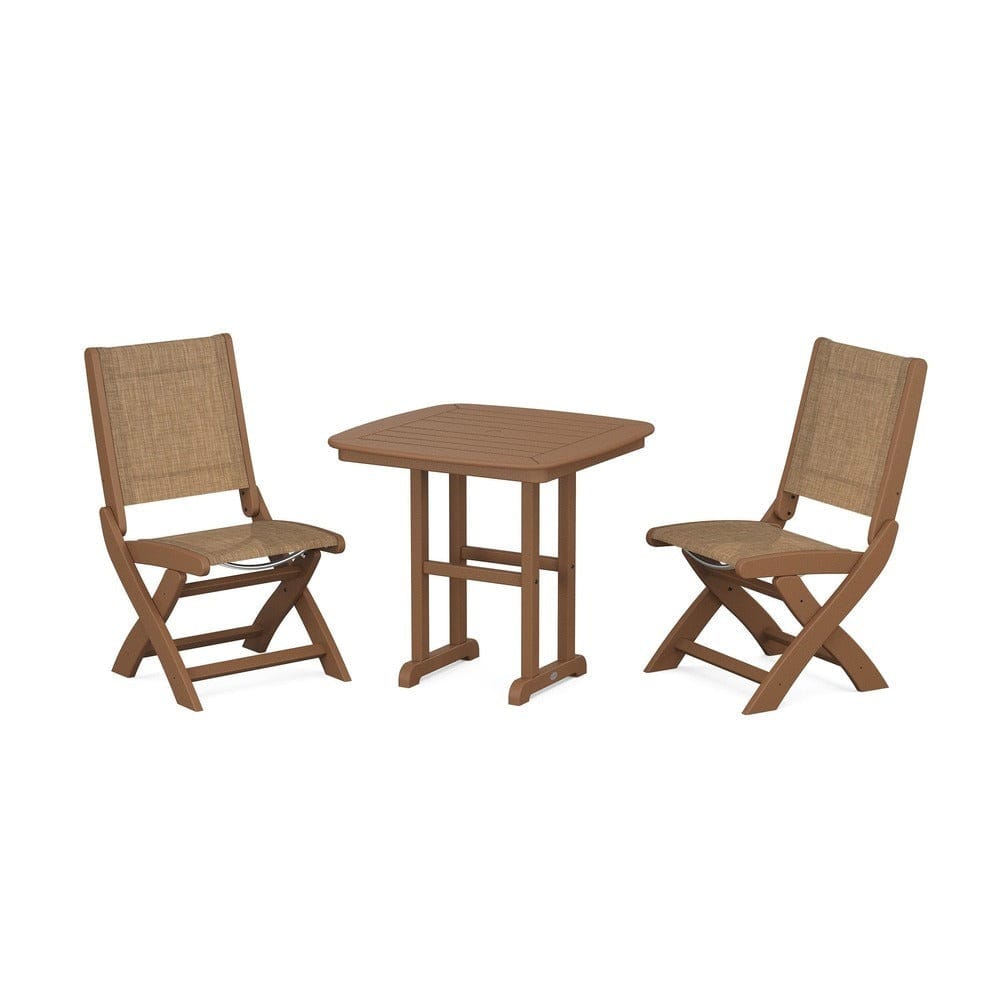 POLYWOOD® Outdoor Furniture Teak / Burlap Sling POLYWOOD® - Coastal Folding Side Chair 3-Piece Dining Set - PWS1207