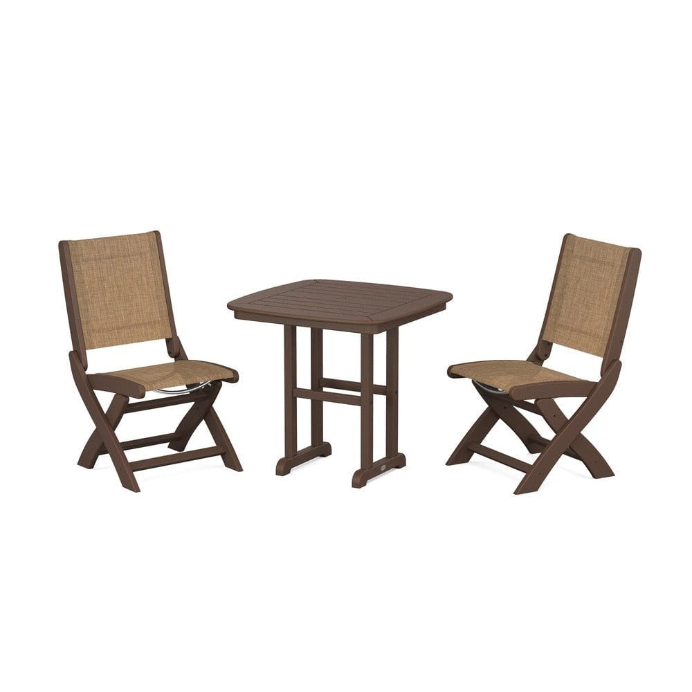 POLYWOOD® Outdoor Furniture Mahogany / Burlap Sling POLYWOOD® - Coastal Folding Side Chair 3-Piece Dining Set - PWS1207
