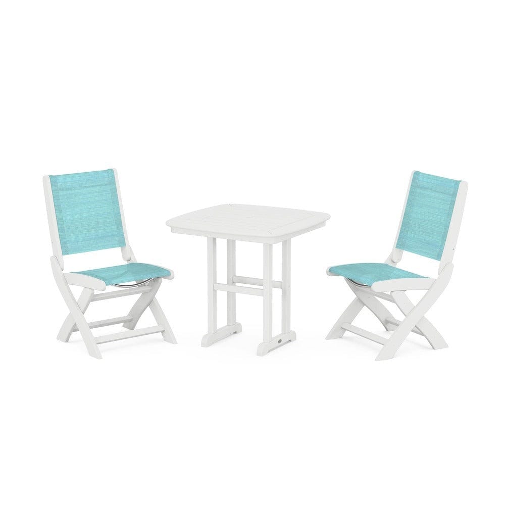 POLYWOOD® Outdoor Furniture White / Dupioni Aquamarine Sling POLYWOOD® - Coastal Folding Side Chair 3-Piece Dining Set - PWS1207