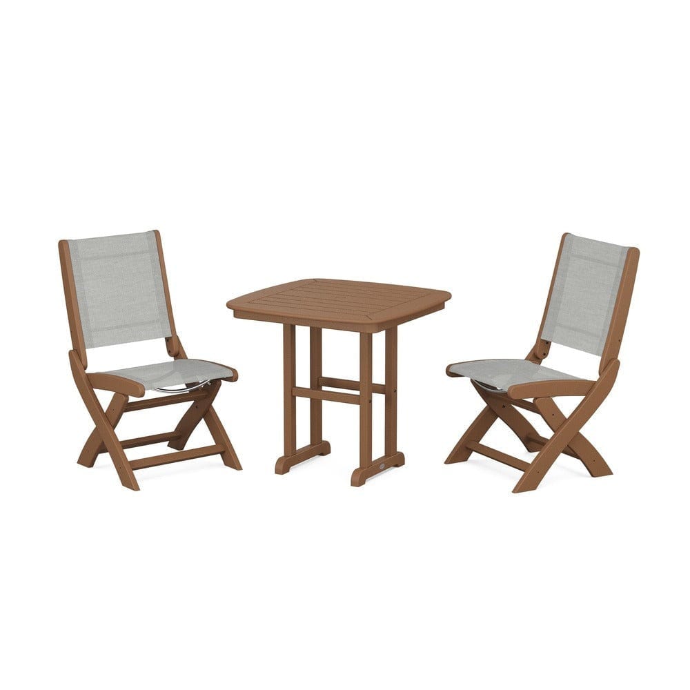 POLYWOOD® Outdoor Furniture Teak / Metallic Sling POLYWOOD® - Coastal Folding Side Chair 3-Piece Dining Set - PWS1207