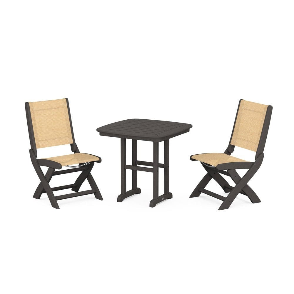 POLYWOOD® Outdoor Furniture Vintage Coffee / Dupioni Apricot Sling POLYWOOD® - Coastal Folding Side Chair 3-Piece Dining Set - PWS1207