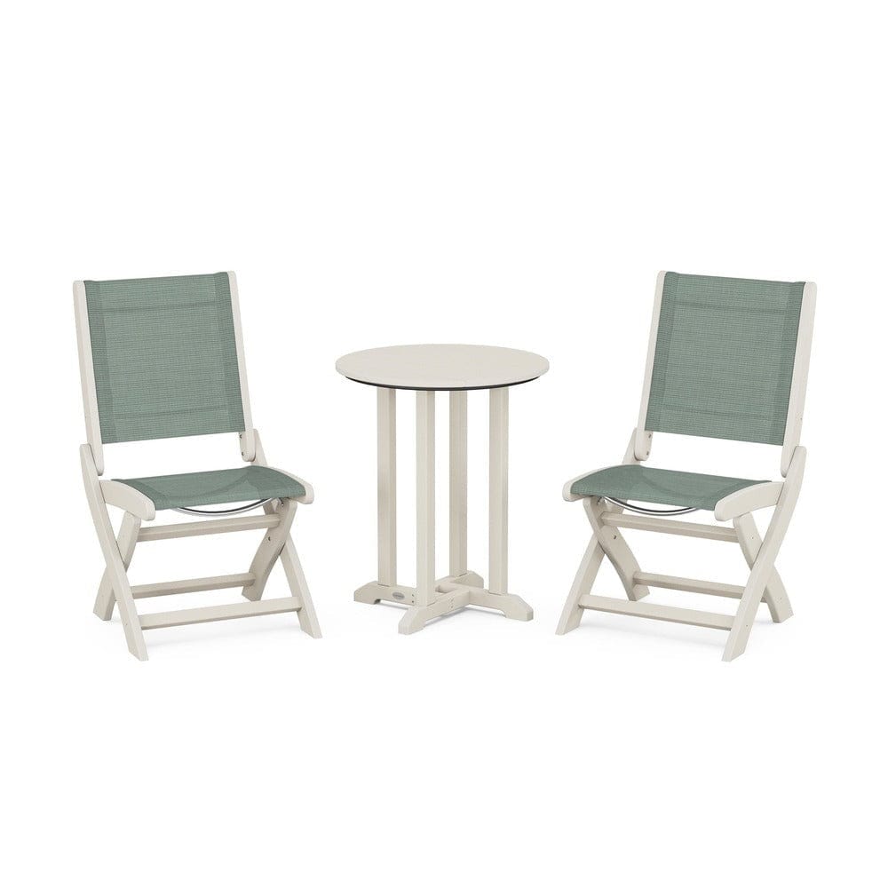 POLYWOOD® Outdoor Furniture Sand / Dupioni Sea Mist Sling POLYWOOD® - Coastal Folding Side Chair 3-Piece Round Bistro Dining Set - PWS1296