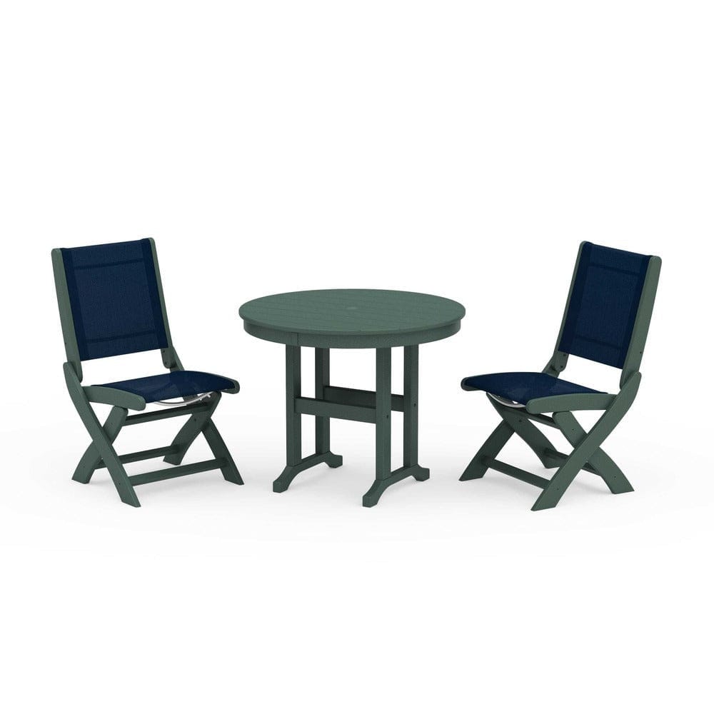 POLYWOOD® Outdoor Furniture Green / Navy Blue Sling POLYWOOD® - Coastal Folding Side Chair 3-Piece Round Dining Set - PWS1329