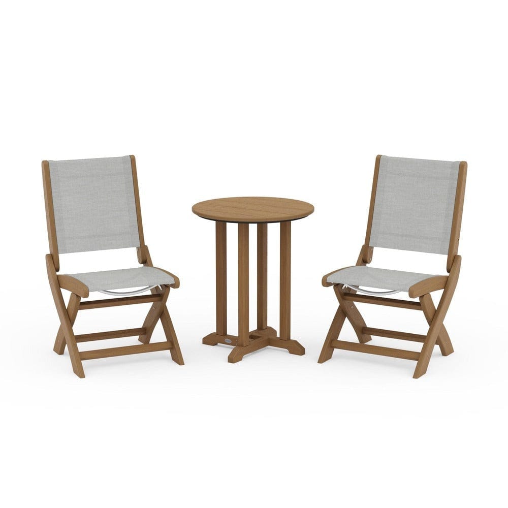 POLYWOOD® Outdoor Furniture Natural / Metallic Sling POLYWOOD® - Coastal Folding Side Chair 3-Piece Round Bistro Dining Set - PWS1296