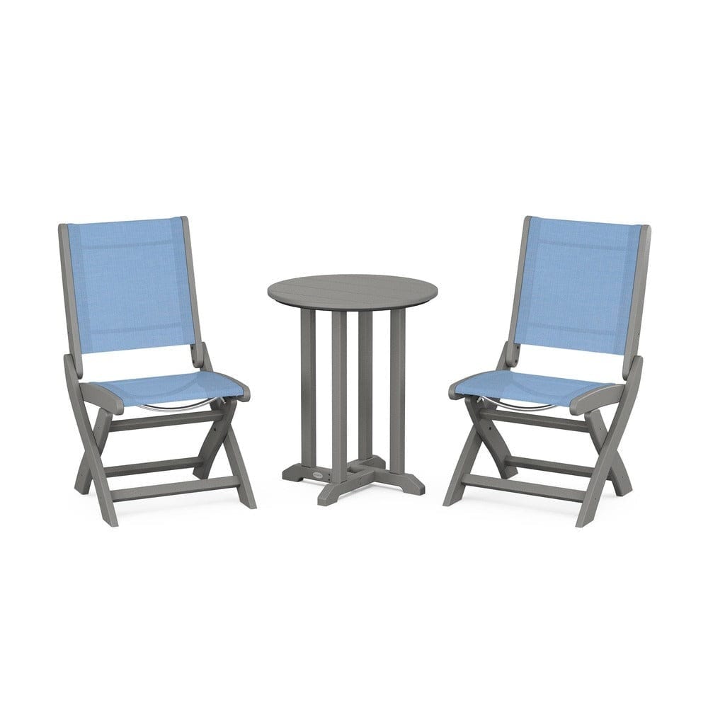 POLYWOOD® Outdoor Furniture Slate Grey / Poolside Sling POLYWOOD® - Coastal Folding Side Chair 3-Piece Round Bistro Dining Set - PWS1296