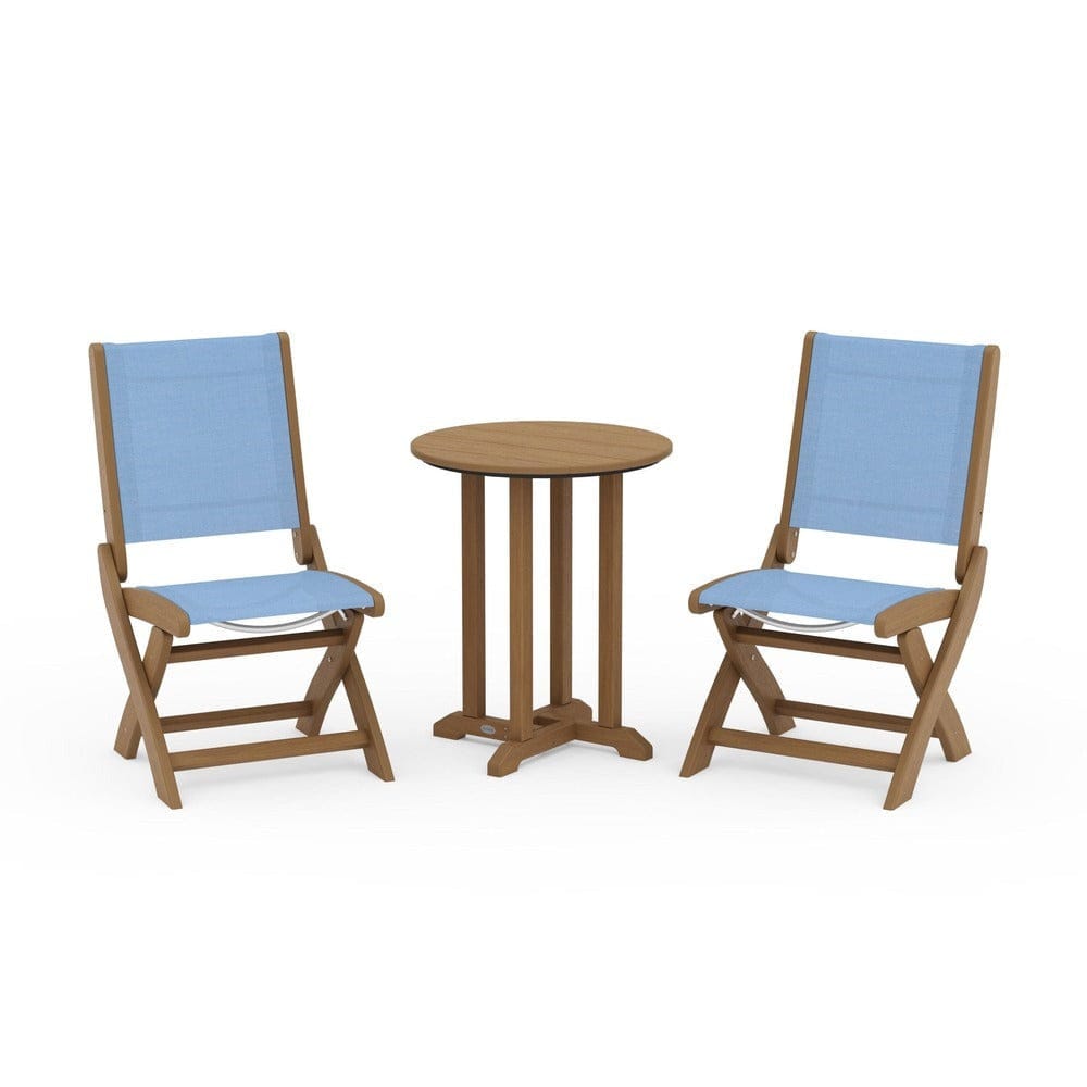 POLYWOOD® Outdoor Furniture Natural / Poolside Sling POLYWOOD® - Coastal Folding Side Chair 3-Piece Round Bistro Dining Set - PWS1296