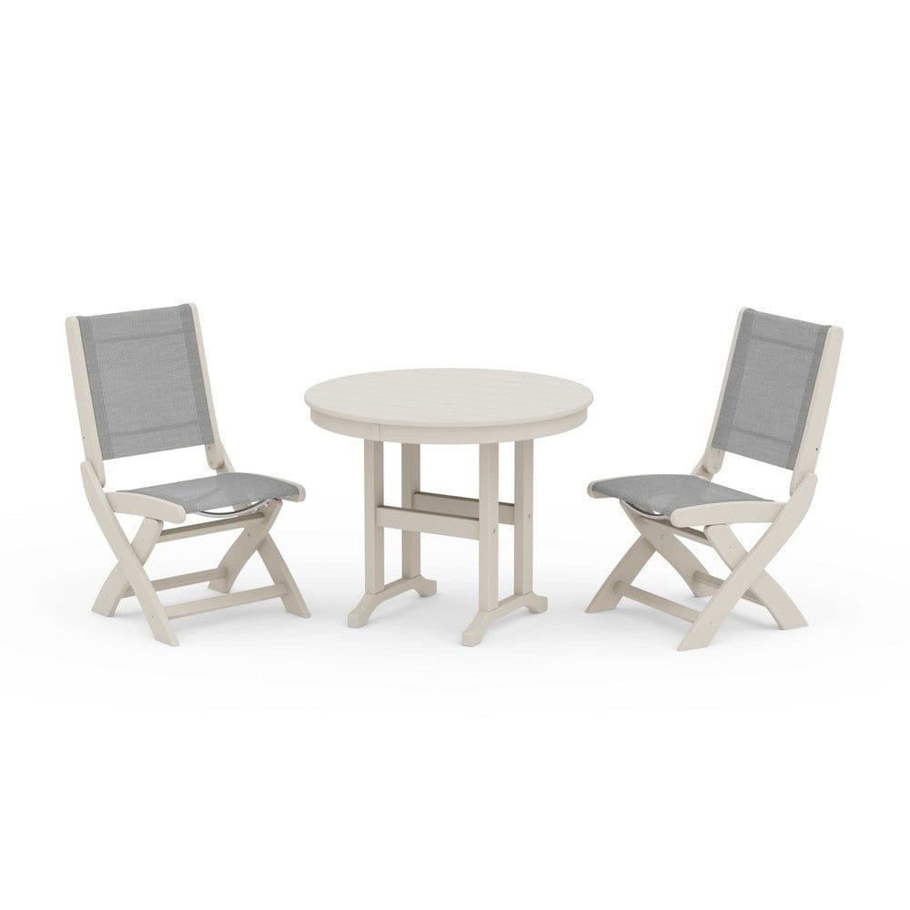 POLYWOOD® Outdoor Furniture Sand / Metallic Sling POLYWOOD® - Coastal Folding Side Chair 3-Piece Round Dining Set - PWS1329