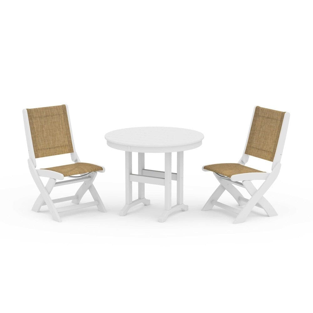 POLYWOOD® Outdoor Furniture White / Burlap Sling POLYWOOD® - Coastal Folding Side Chair 3-Piece Round Dining Set - PWS1329
