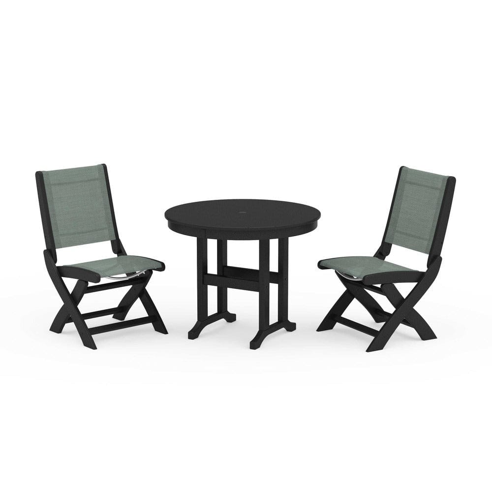 POLYWOOD® Outdoor Furniture Black / Dupioni Sea Mist Sling POLYWOOD® - Coastal Folding Side Chair 3-Piece Round Dining Set - PWS1329