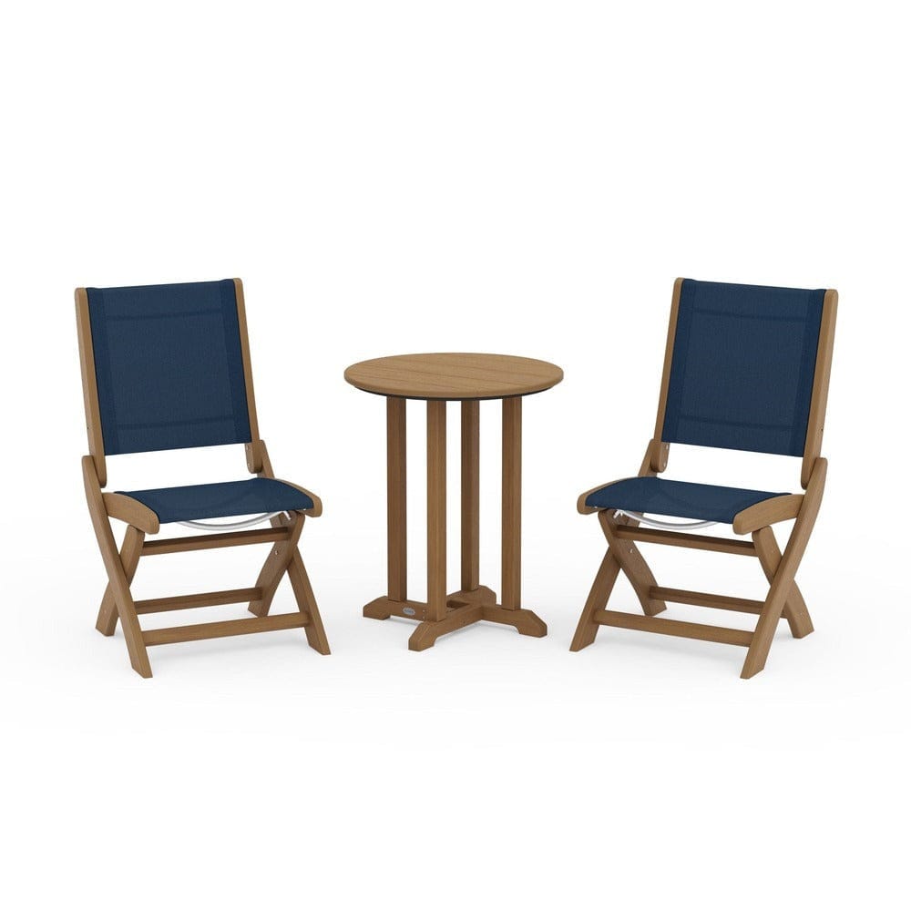 POLYWOOD® Outdoor Furniture Natural / Navy Blue Sling POLYWOOD® - Coastal Folding Side Chair 3-Piece Round Bistro Dining Set - PWS1296