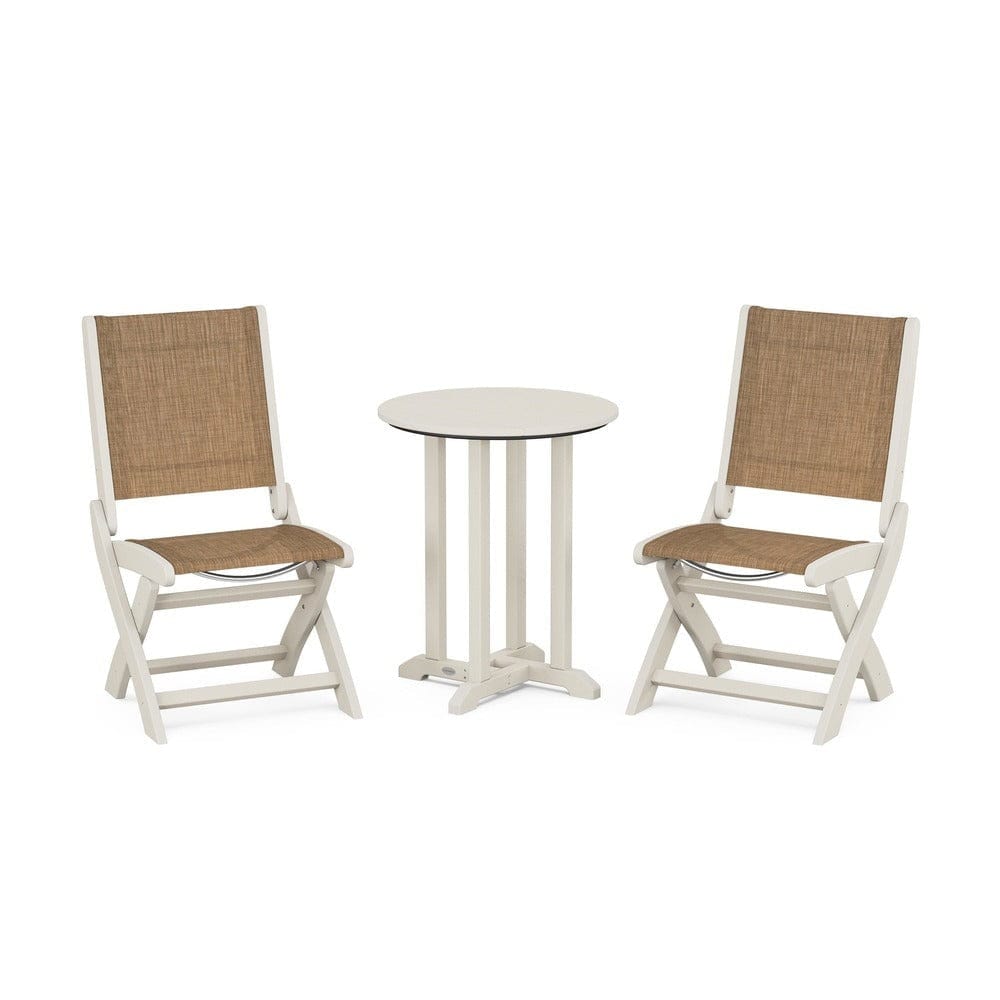 POLYWOOD® Outdoor Furniture Sand / Burlap Sling POLYWOOD® - Coastal Folding Side Chair 3-Piece Round Bistro Dining Set - PWS1296