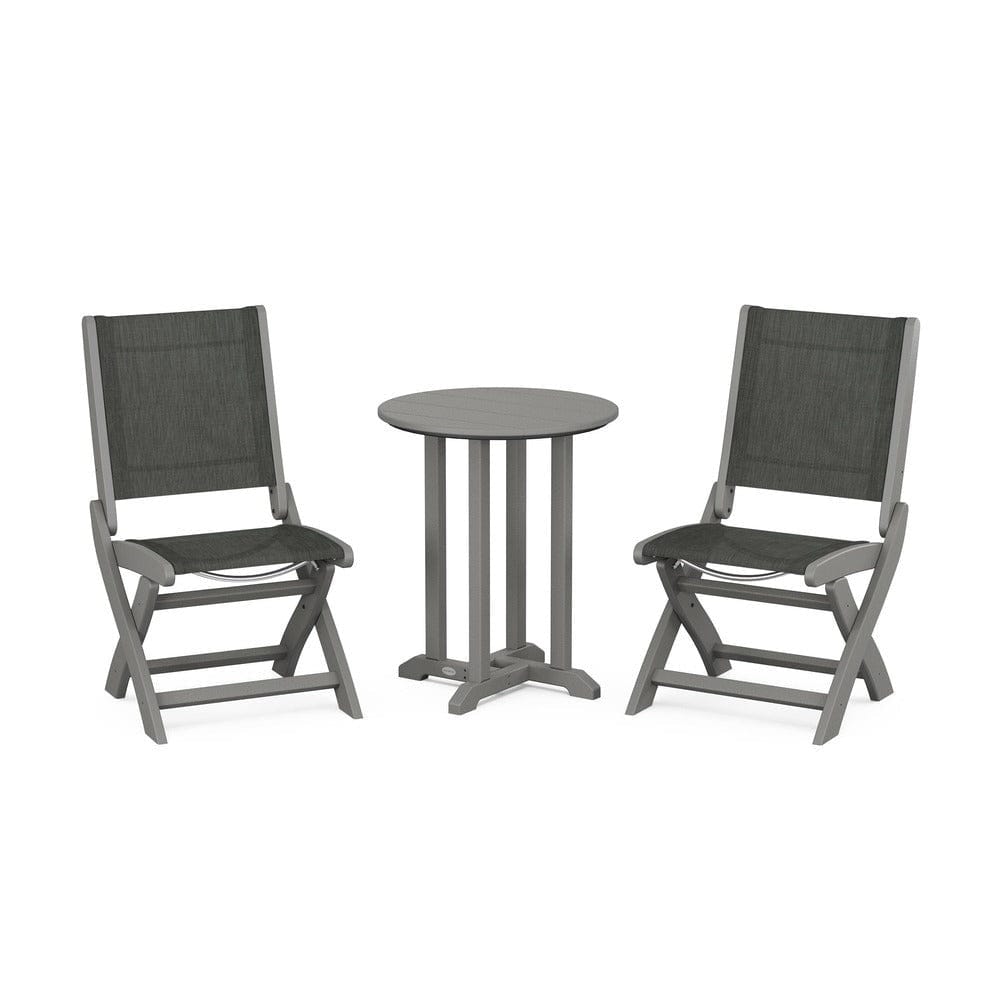 POLYWOOD® Outdoor Furniture Slate Grey / Ember Sling POLYWOOD® - Coastal Folding Side Chair 3-Piece Round Bistro Dining Set - PWS1296