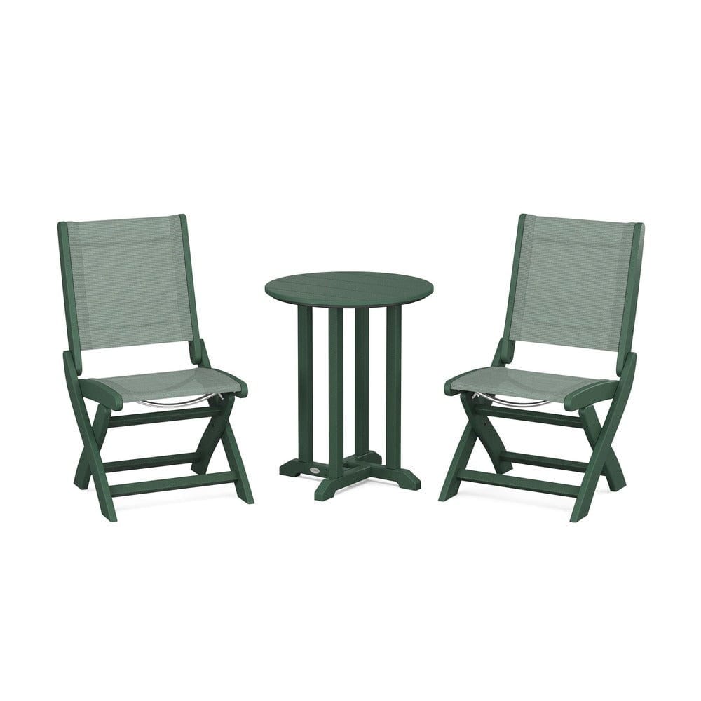 POLYWOOD® Outdoor Furniture Green / Dupioni Sea Mist Sling POLYWOOD® - Coastal Folding Side Chair 3-Piece Round Bistro Dining Set - PWS1296