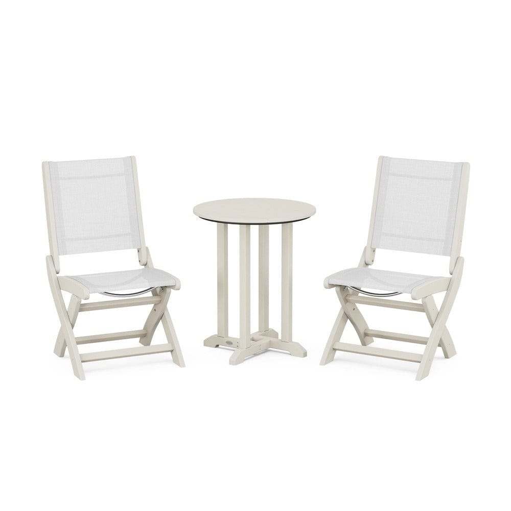 POLYWOOD® Outdoor Furniture Sand / White Sling POLYWOOD® - Coastal Folding Side Chair 3-Piece Round Bistro Dining Set - PWS1296