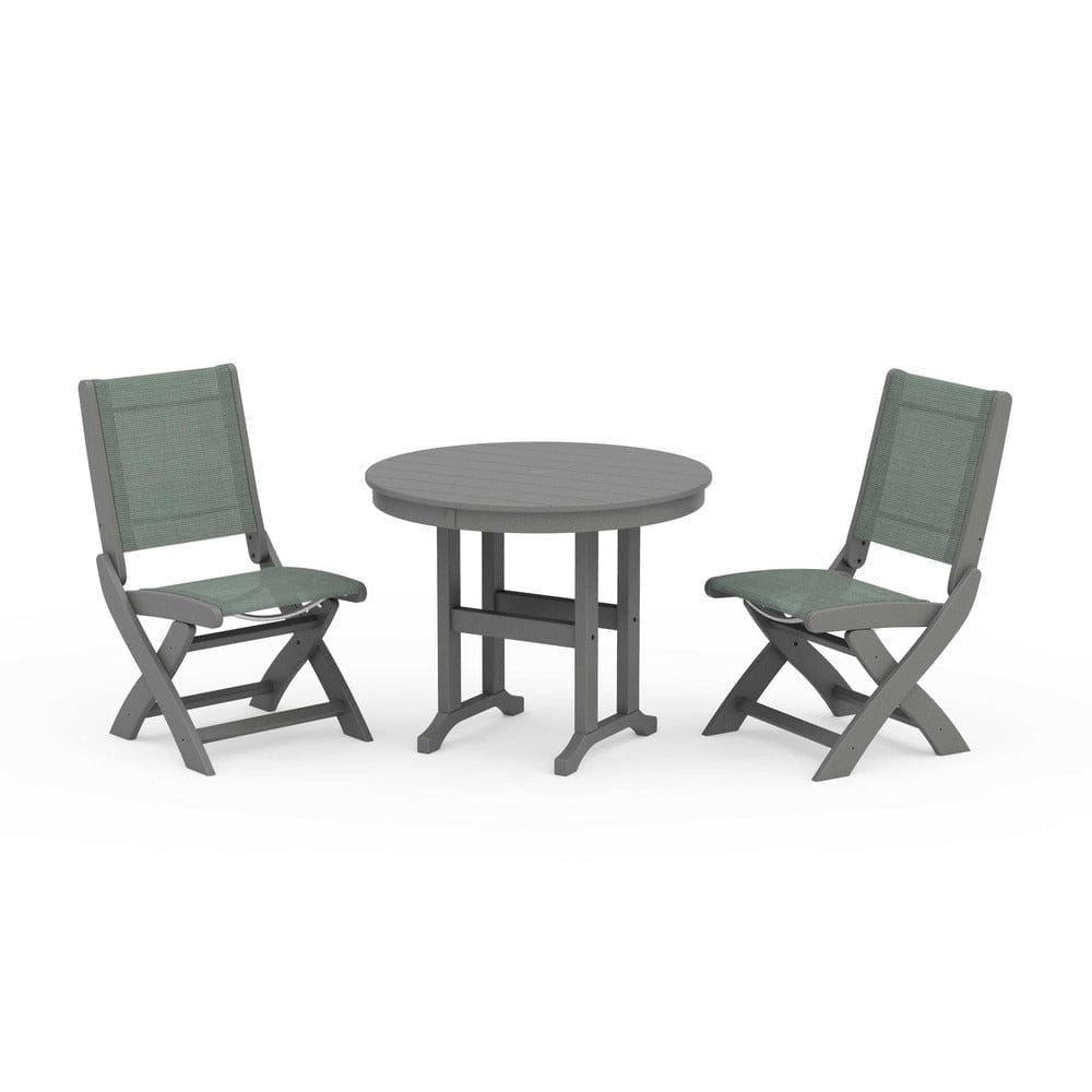 POLYWOOD® Outdoor Furniture Slate Grey / Dupioni Sea Mist Sling POLYWOOD® - Coastal Folding Side Chair 3-Piece Round Dining Set - PWS1329