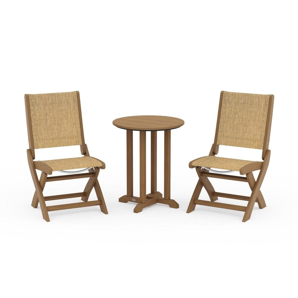 POLYWOOD® Outdoor Furniture Natural / Burlap Sling POLYWOOD® - Coastal Folding Side Chair 3-Piece Round Bistro Dining Set - PWS1296