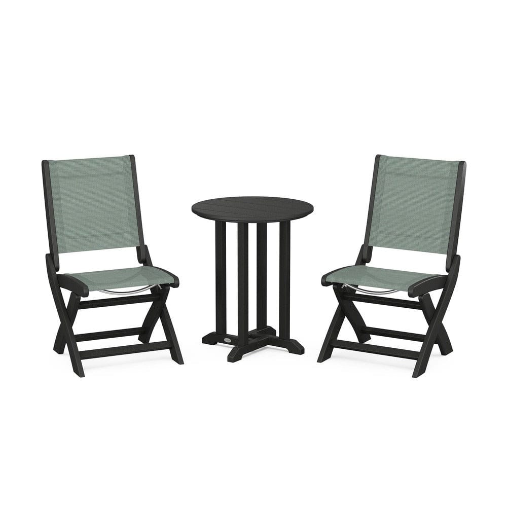 POLYWOOD® Outdoor Furniture Black / Dupioni Sea Mist Sling POLYWOOD® - Coastal Folding Side Chair 3-Piece Round Bistro Dining Set - PWS1296