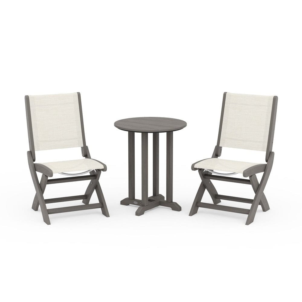 POLYWOOD® Outdoor Furniture Driftwood / Parchment Sling POLYWOOD® - Coastal Folding Side Chair 3-Piece Round Bistro Dining Set - PWS1296