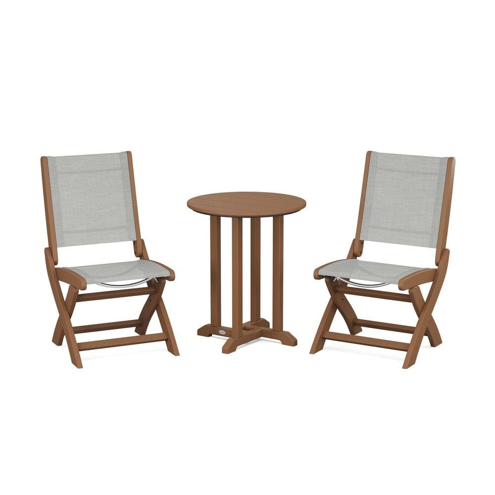 POLYWOOD® Outdoor Furniture Teak / Metallic Sling POLYWOOD® - Coastal Folding Side Chair 3-Piece Round Bistro Dining Set - PWS1296