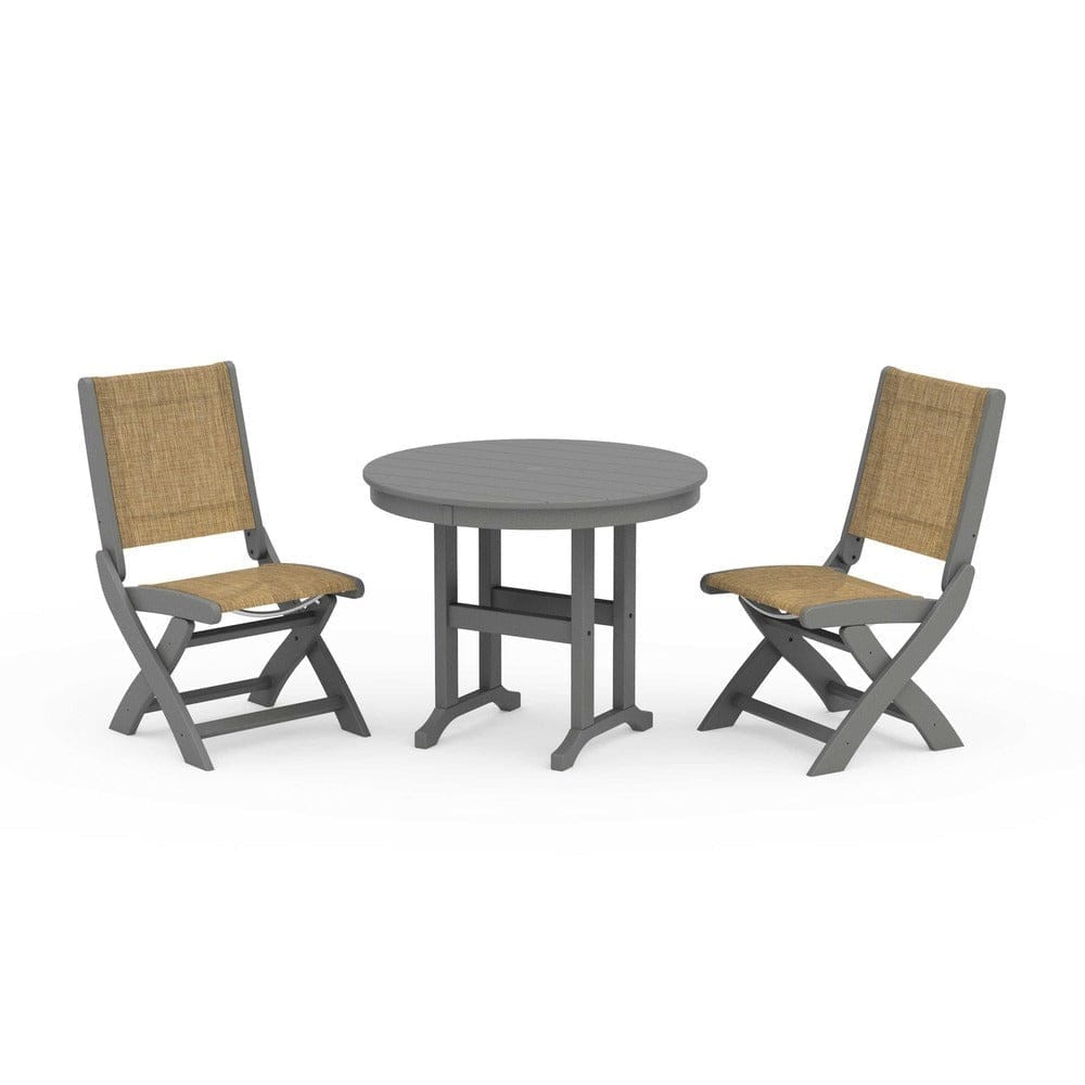 POLYWOOD® Outdoor Furniture Slate Grey / Burlap Sling POLYWOOD® - Coastal Folding Side Chair 3-Piece Round Dining Set - PWS1329