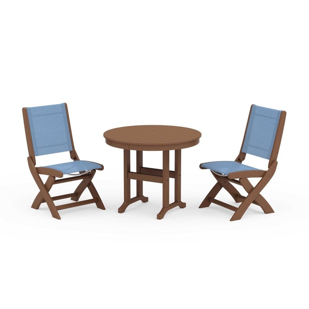 POLYWOOD® Outdoor Furniture Teak / Poolside Sling POLYWOOD® - Coastal Folding Side Chair 3-Piece Round Dining Set - PWS1329